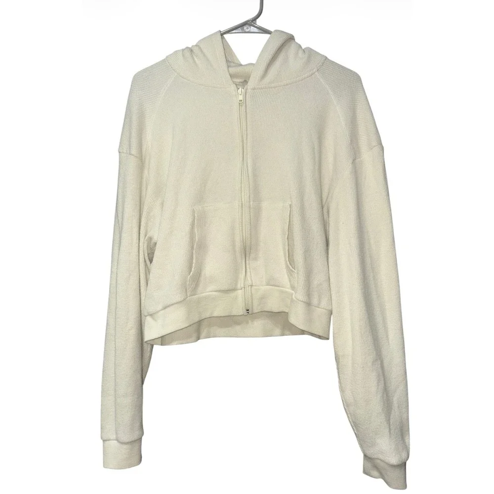 SKIMS Waffle Knit Cropped Zip Hoodie Ivory Cotton Blend Womens XL Full Zip - Picture 1 of 4